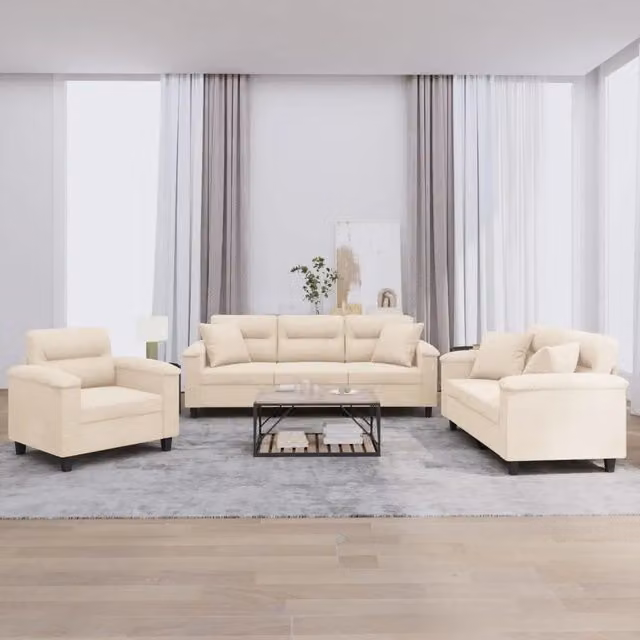 Set di divani 3 pezzi vidaXL in microfibra beige con cuscini e braccioli per soggiorno – 1