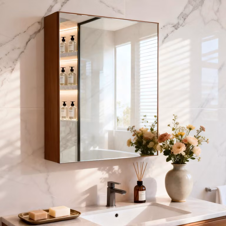 Mobiletto da bagno WISFOR con specchio, 50 x 66 cm, armadietto per medicinali da montare a parete, illuminazione interna a LED, ripiani in vetro regolabili per il bagno