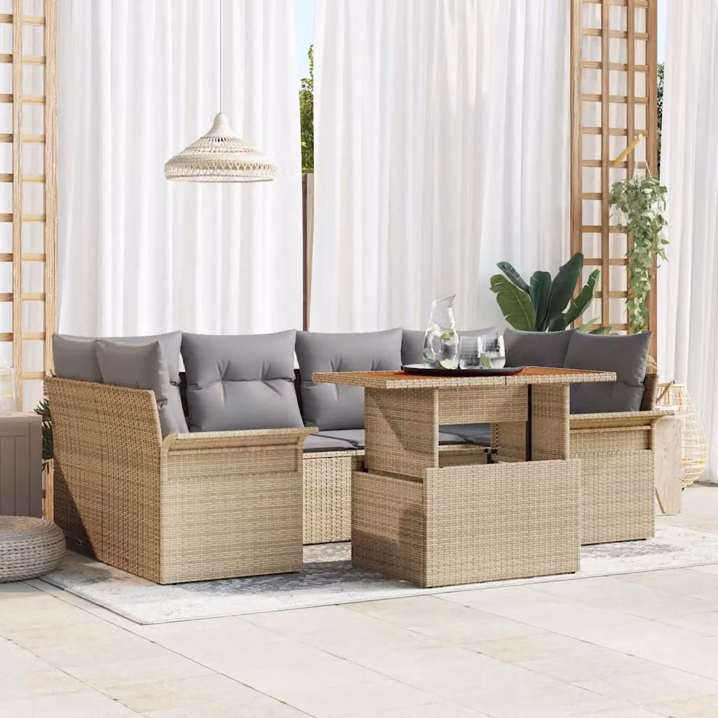 Set Divano da Giardino vidaXL 7 Pezzi a Forma di U con Tavolino, Beige e Grigio