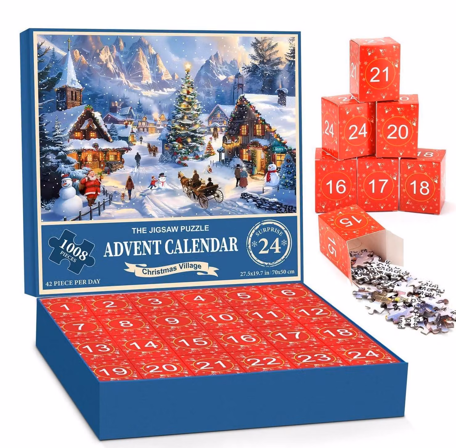 Calendario dell'Avvento a puzzle per adulti, 2026, 24 giorni, 1008 pezzi, 70x50 cm, realizzato in cartone riciclato, con motivo di villaggio natalizio, formato poster