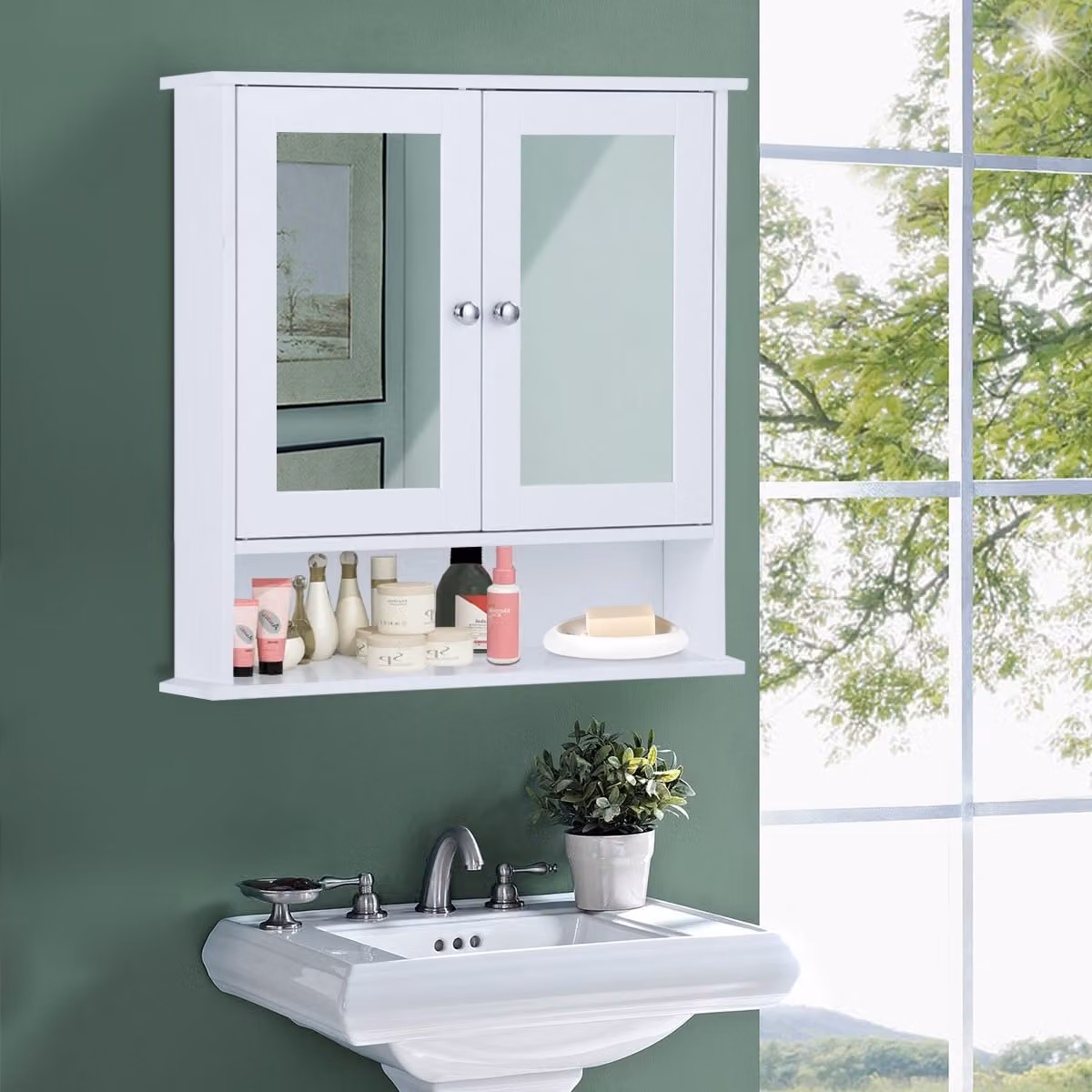 Armadietto da bagno con specchio Costway a parete con doppia anta e 3 ripiani, Bianco, L: 56,5 cm, P: 13,5 cm, H: 58,5 cm
