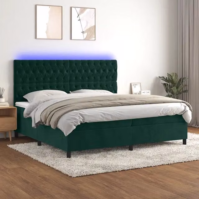 Letto Ibrido vidaXL in Velluto Verde con Materasso e Illuminazione LED sotto il letto e Porte USB L/P/H: 200 x 200 x 31 cm