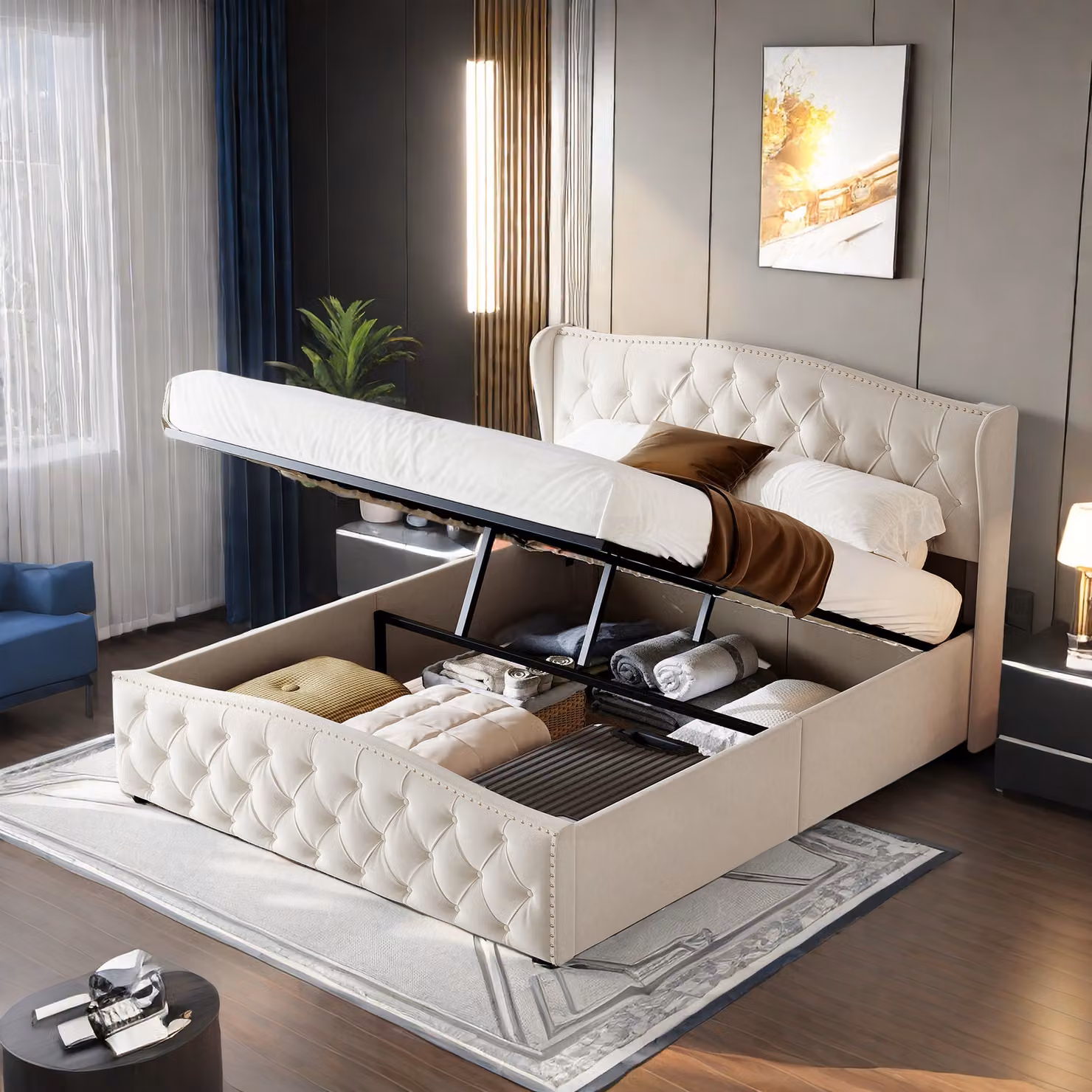 Letto matrimoniale imbottito 140x200cm letto a molle insacchettate letto in legno massiccio con rete a doghe e contenitore, letto funzionale letto contenitore in velluto, grigio