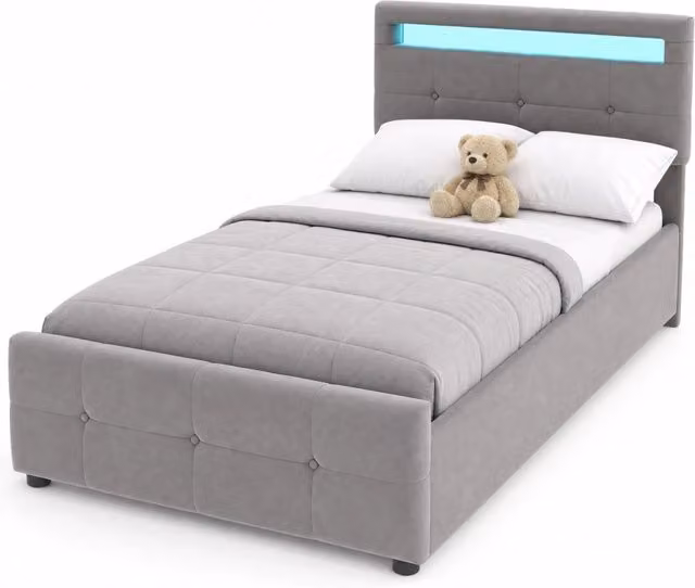Letto singolo imbottito 90x200 cm con contenitore idraulico; LED e testiera regolabile; grigio