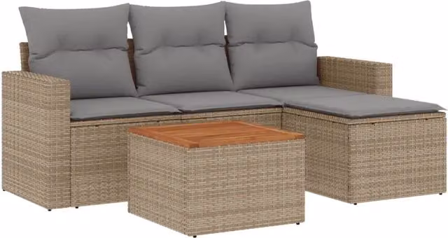 Set Divano da Giardino 5 pz | Set Salotto da Giardino con Cuscini Beige Misto Polyrattan