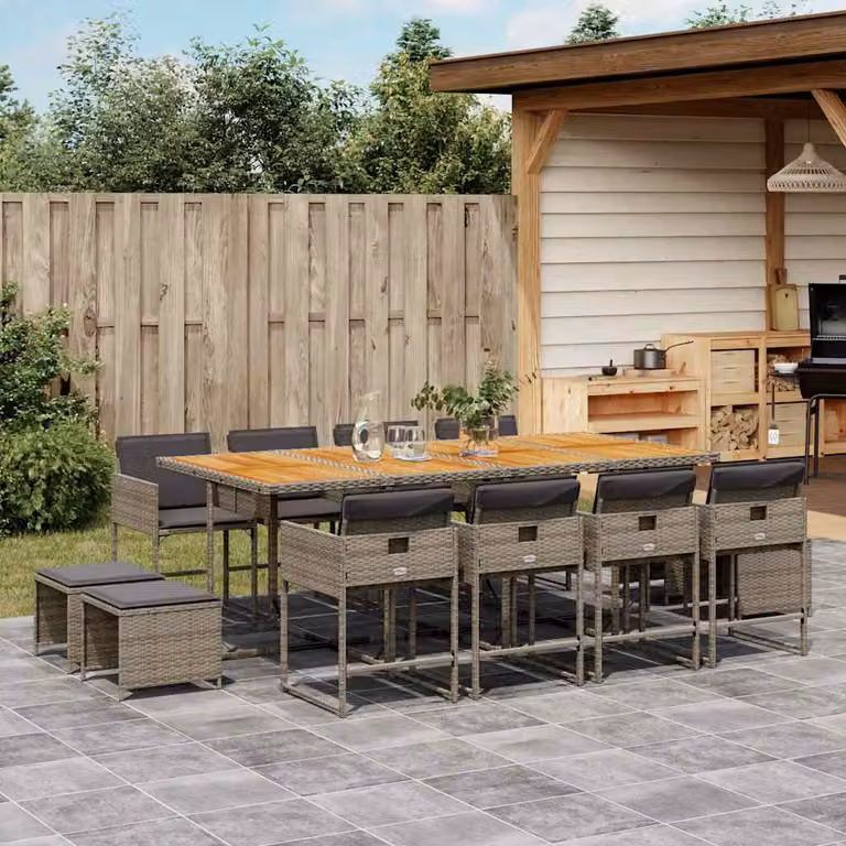 Set da pranzo da giardino vidaXL in polyrattan e legno di acacia con 13 pezzi e cuscini grigi