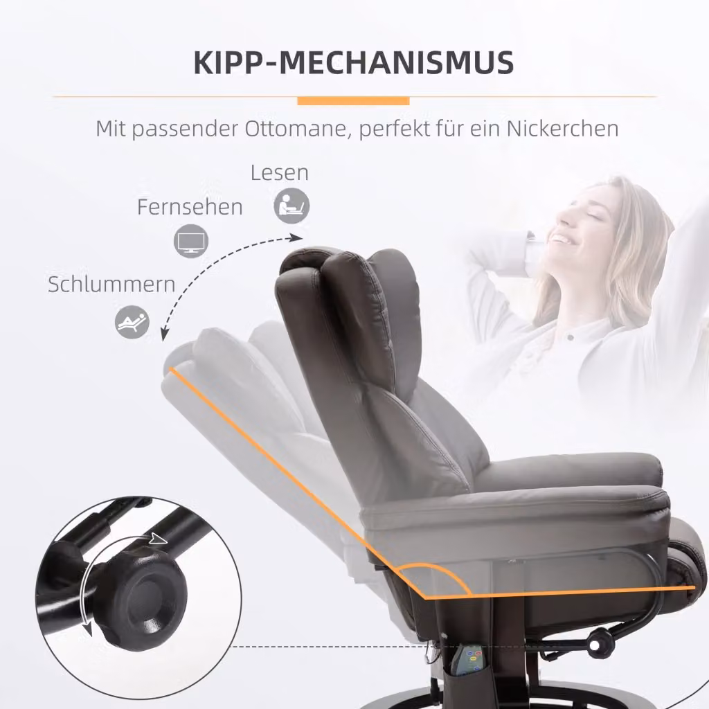 Poltrona Relax Recliner REDOM con Poggiapiedi, Sedia Girevole 360 Gradi in Ecopelle Marrone, L: 79 cm, P: 82 cm, H: 101 cm – 2