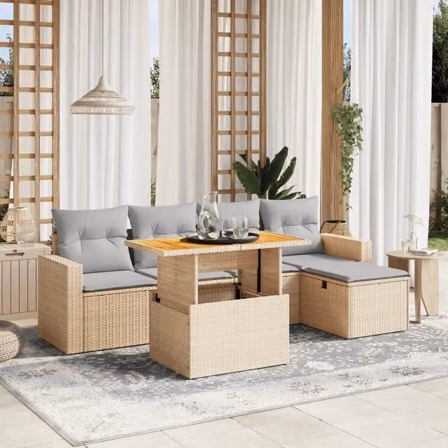 Set Divano da Giardino a L con Polyrattan e Cuscini Beige vidaXL, 6 Pezzi con Tavolino e Ottoman – 1