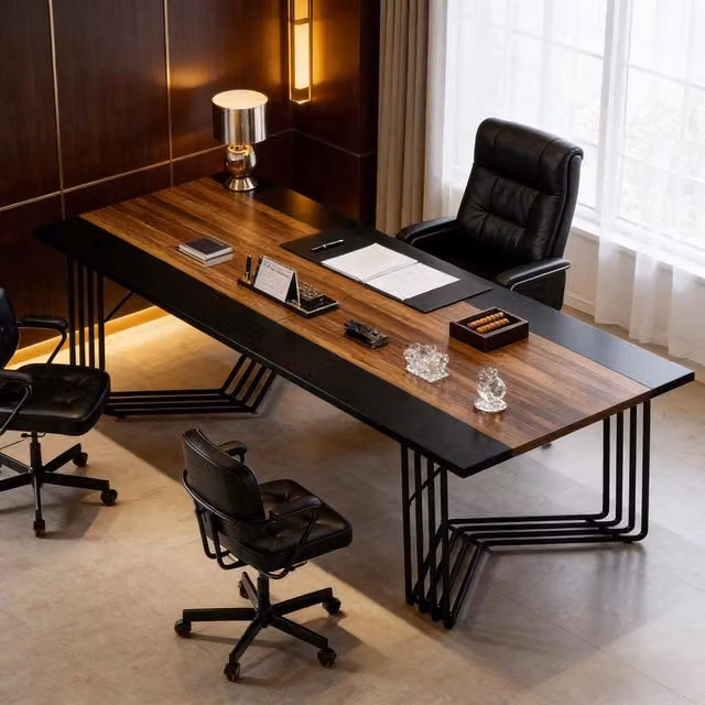 Tavolo rettangolare per riunioni con struttura in metallo piano in MDF nero e marrone rustico 200 × 100 × 75 cm