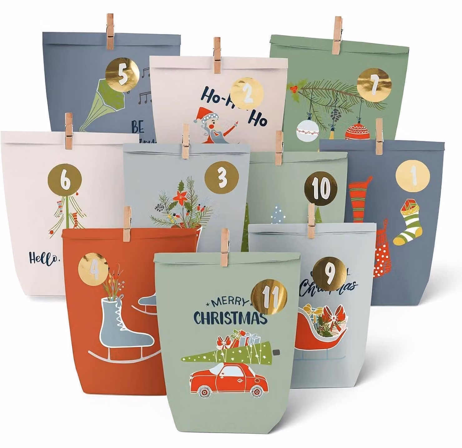 Sacchetti per l'avvento, da riempire, 24 sacchetti di carta resistente con adesivi, motivo invernale colorato