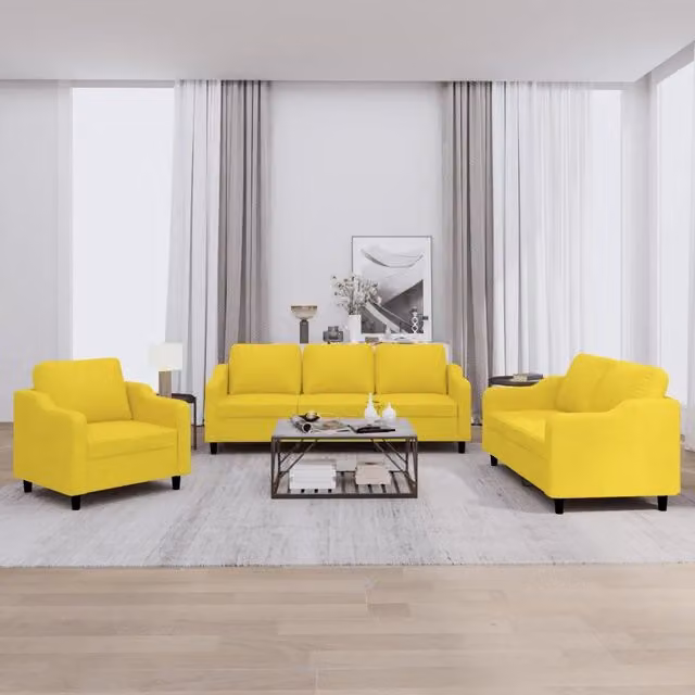 Set di divani moderno vidaXL composto da un divano a 3 posti e un divano a 2 posti in tessuto giallo con cuscini inclusi