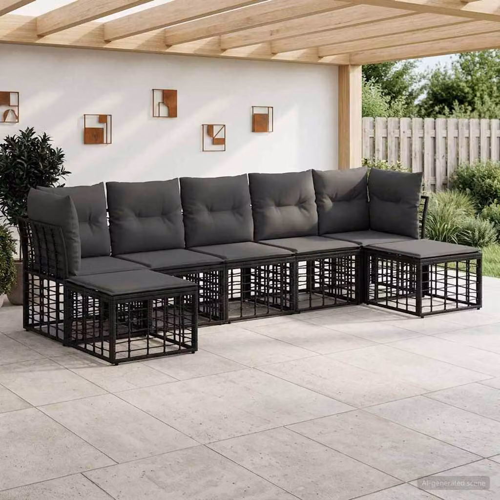 Set di divani da esterno a L vidaXL con pouf e cuscini, struttura in acciaio e tessuto nero resistente ai raggi UV