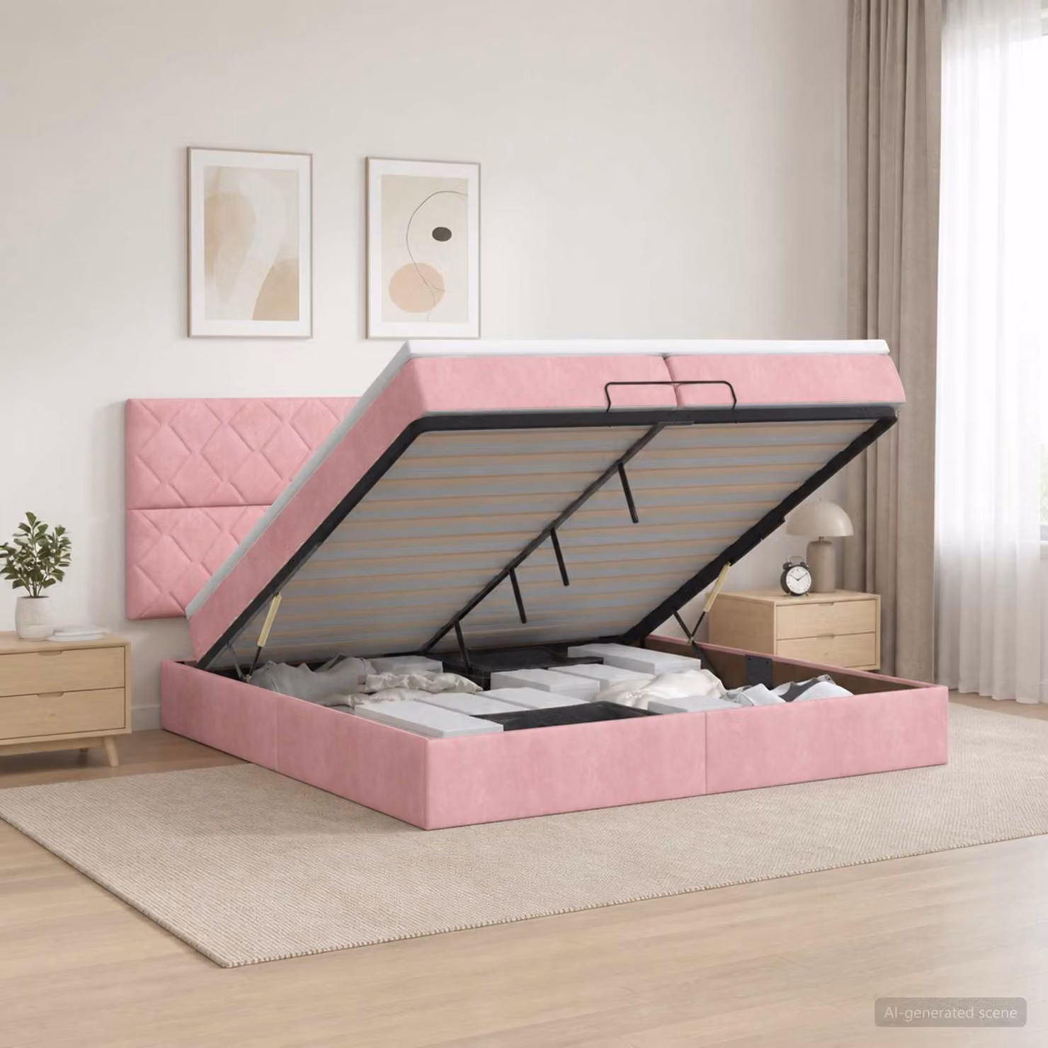 Letto ottomano con materasso vidaXL in velluto rosa e bianco, L/P/H: 200 x 200 x 88 cm