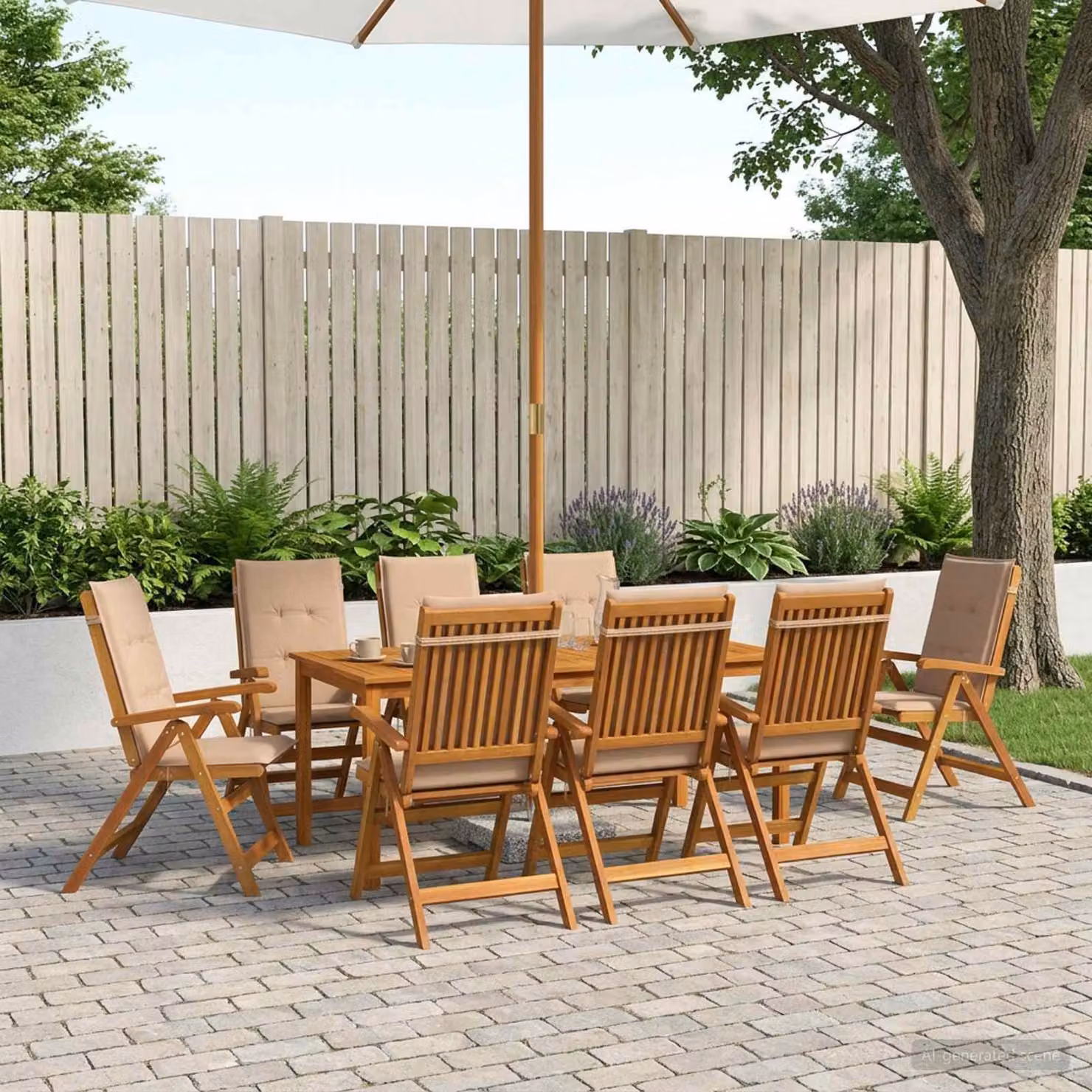 Set da pranzo da giardino vidaXL in legno di acacia naturale con 9 pezzi per 8 persone e cuscini beige e marroni