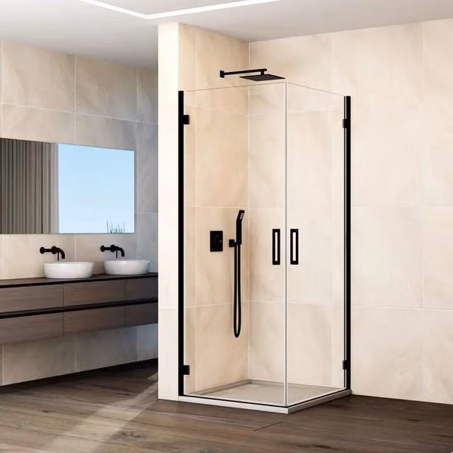Box doccia angolare DUCHA con 2 porte battenti in vetro trasparente e profili neri, L/P: 68,5-70,5/73,5-75,5 cm