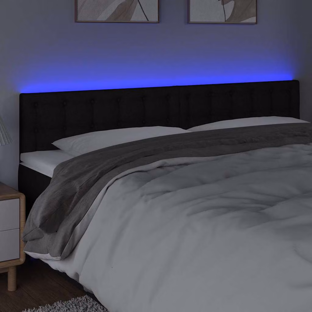 Testiera per letto vidaXL in tessuto nero con illuminazione LED integrata e porta di ricarica USB, L 200 x P 5 x H 78/88 cm