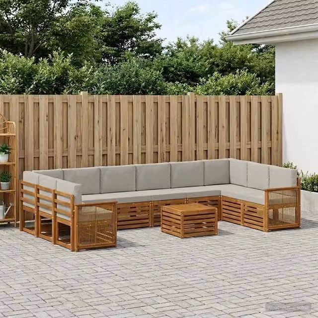 Set di divani da esterno a L con tavolino vidaXL in legno di acacia, 8 pezzi, Beige e Grigio