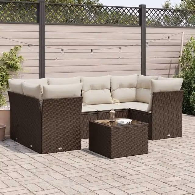 Set Divani da Giardino 7 pz con Cuscini Marrone in Polyrattan 3249112