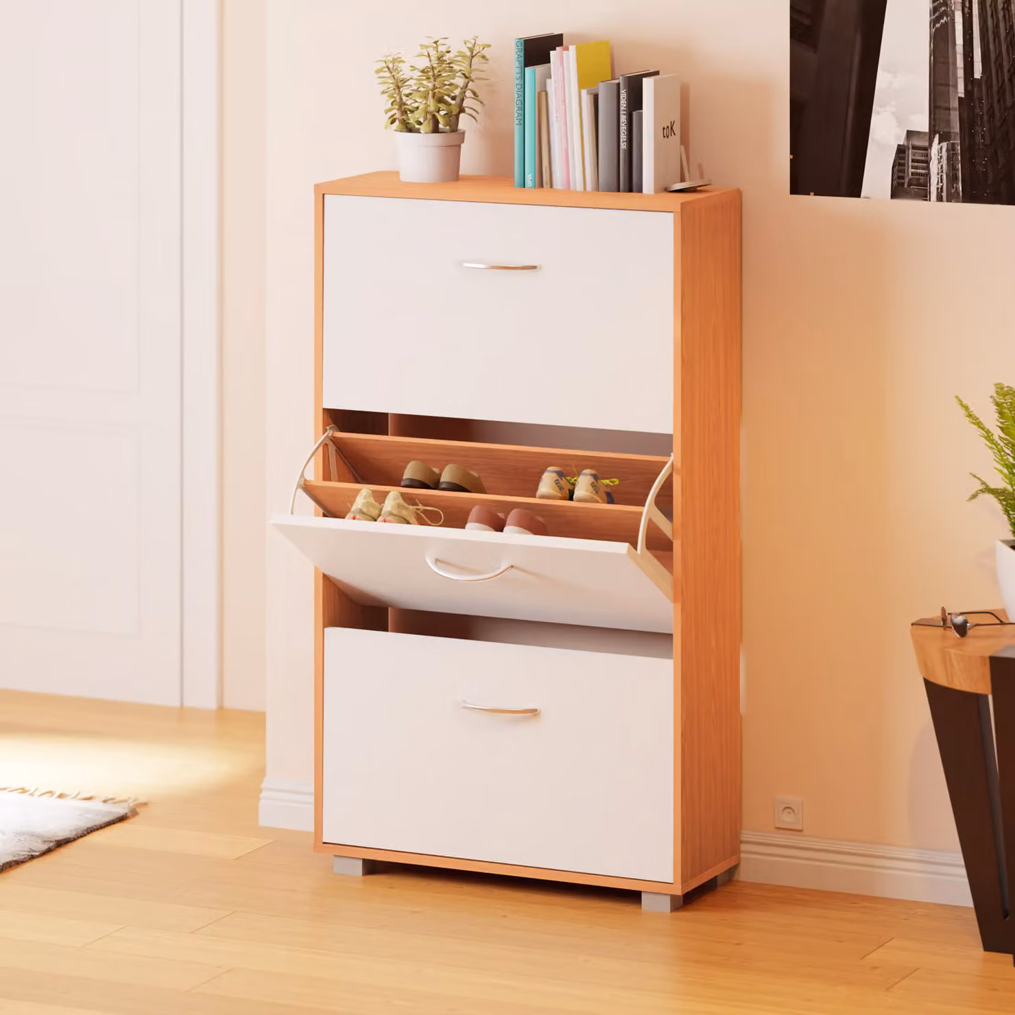 Scarpiera salvaspazio Casaria® in MDF bianco e multicolore con scomparti basculanti L: 115 cm, P: 24 cm, H: 60 cm – 2