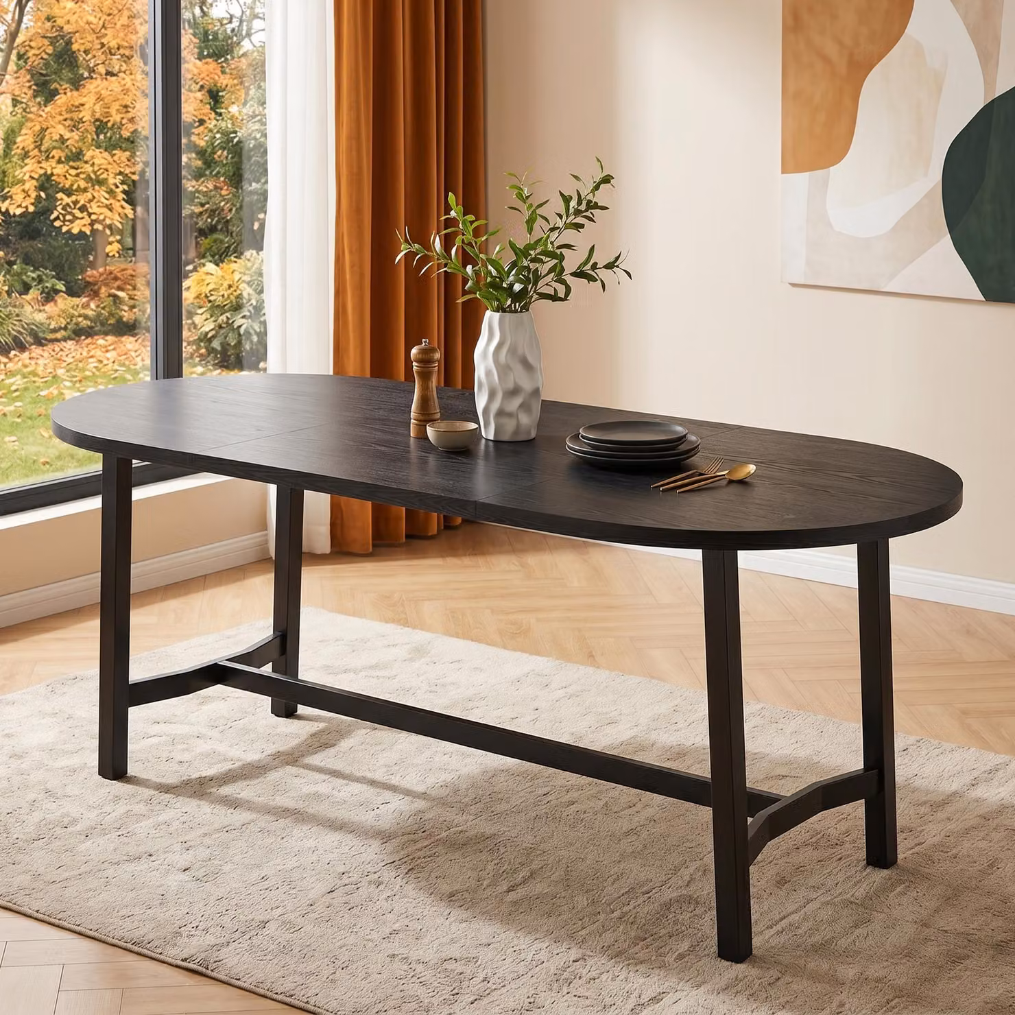 Tavolo da pranzo Flieks con angoli arrotondati, gambe in ferro, adatto per 6-8 persone, dimensioni 180x80x75 cm, tavolo per la sala da pranzo, tavolo per la cucina, colore nero