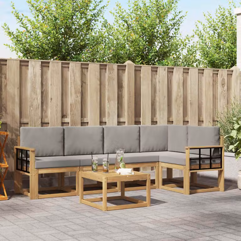 Set di divani da esterno vidaXL a forma di L con tavolo da caffè, in legno di acacia trattato, colore bianco, grigio e marrone
