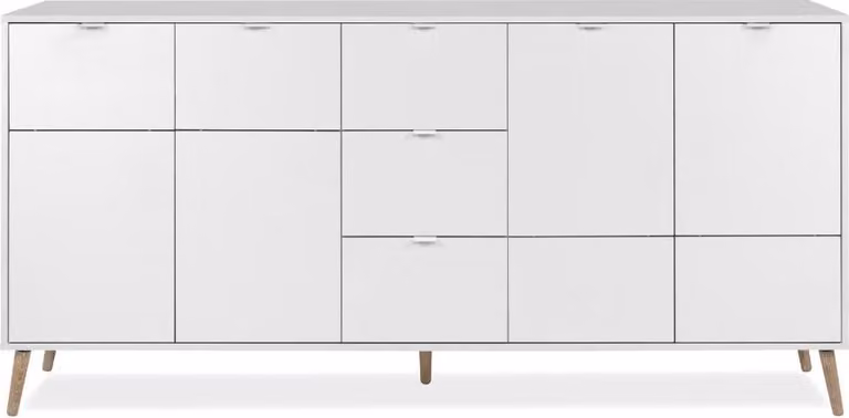 Calicosy - Credenza 4 porte, 3 cassetti decorazione bianca e rovere L190 cm - KLINT