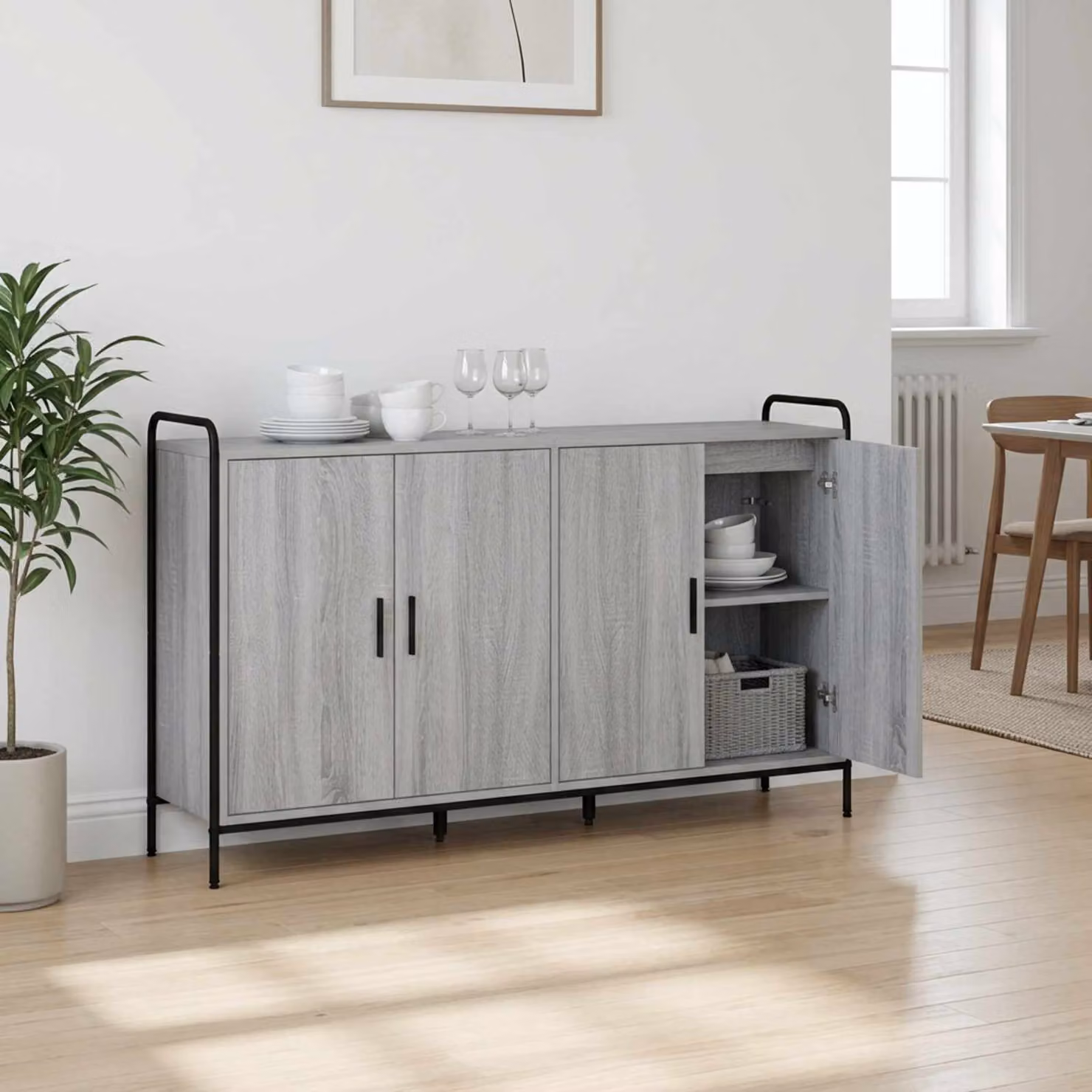 Credenza moderna vidaXL in legno ingegnerizzato e metallo, colore grigio, L 97 x P 33 x H 81 cm