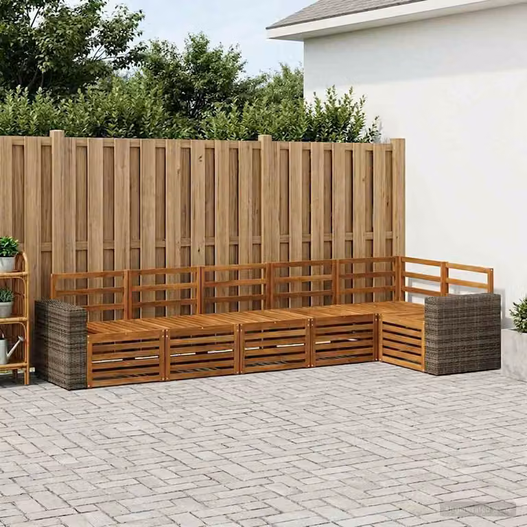 Set di divani da esterno vidaXL 6 pz in legno di acacia con cuscini bianchi e marroni e tessuto in poliestere resistente ai raggi UV