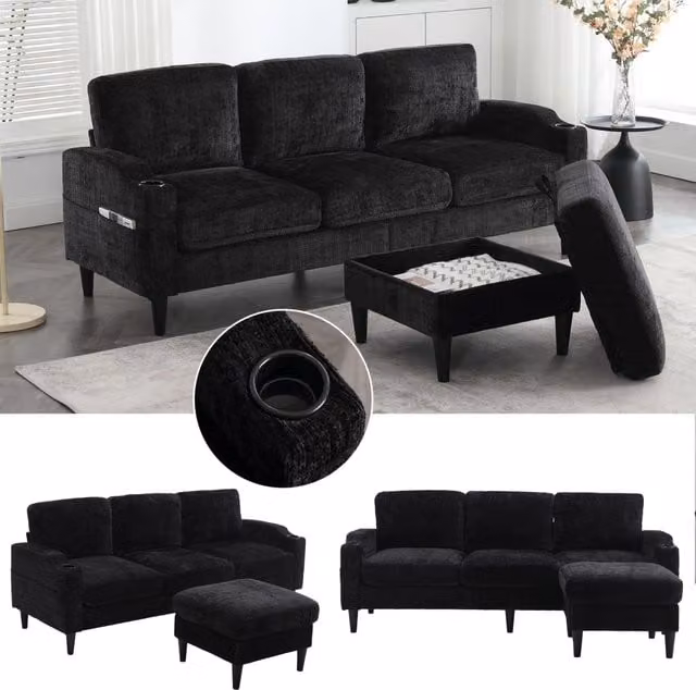 Divano modulare 4 posti con pouf contenitore portabevande e tasche laterali in ciniglia nera 196,5 × 75 × 77 cm