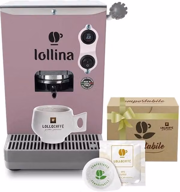 Macchina da caffè espresso a cialde Lollo Caffè Nuova Lollina+ Lillador colore rosa con 40 cialde miscela oro