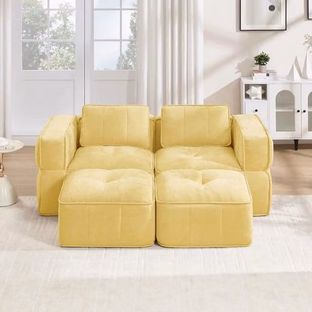 Divano 2 posti con 2 sgabelli ¨C Minimal ¨C Giallo tessuto morbido