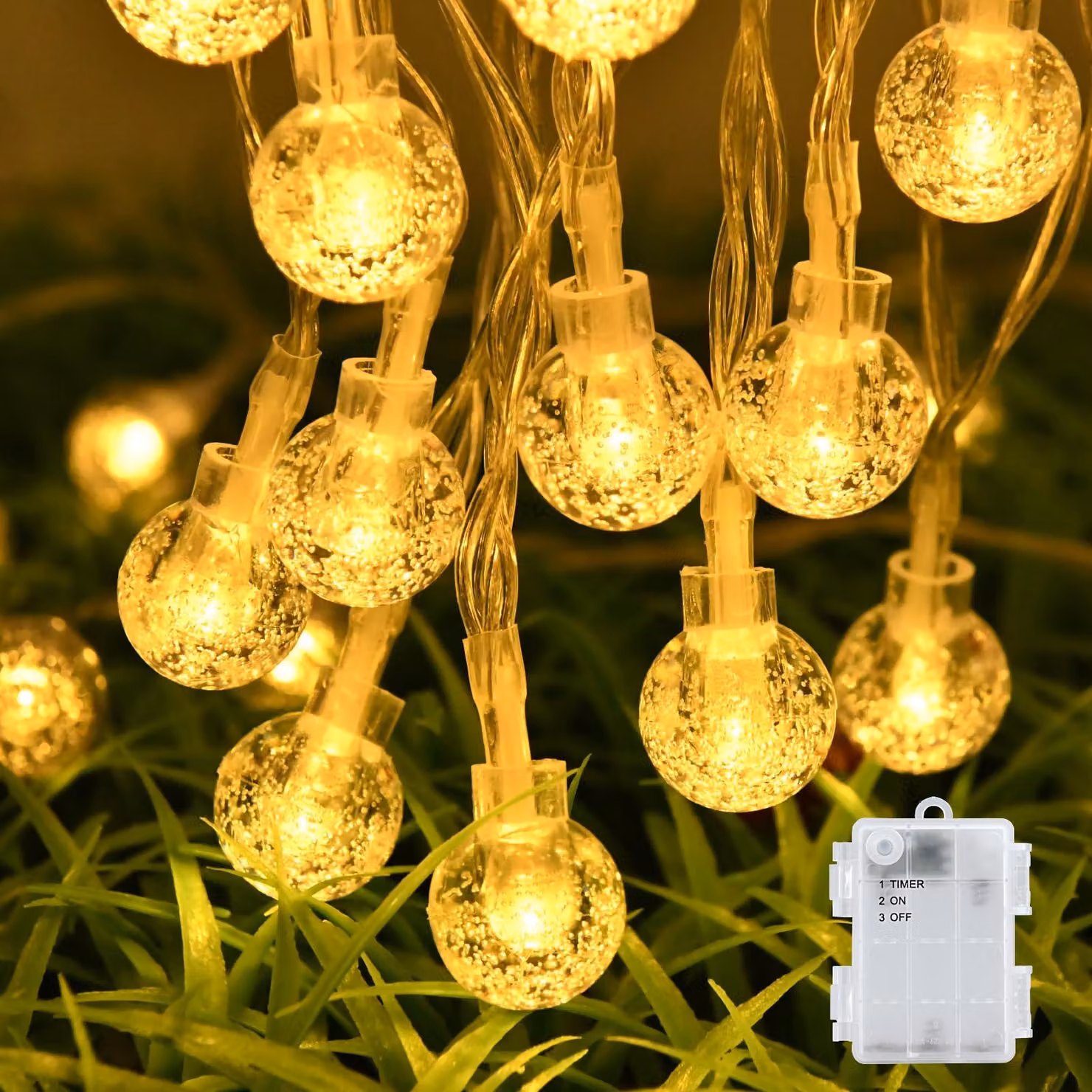 Catena luminosa a LED con sfere di cristallo, lunghezza 6 metri, 40 LED bianco caldo, con timer