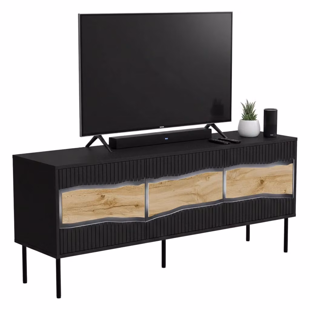 Mobile porta TV moderno DMORA con un ripiano, colore nero, L: 143.5 cm, P: 40 cm, H: 61.5 cm – 2