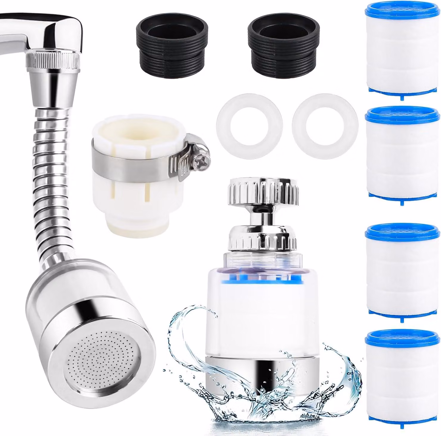 Filtri per rubinetto, confezione da 2 pezzi, rotazione a 360°, con 4 elementi filtranti in cotone PP, adatti per cucina e bagno
