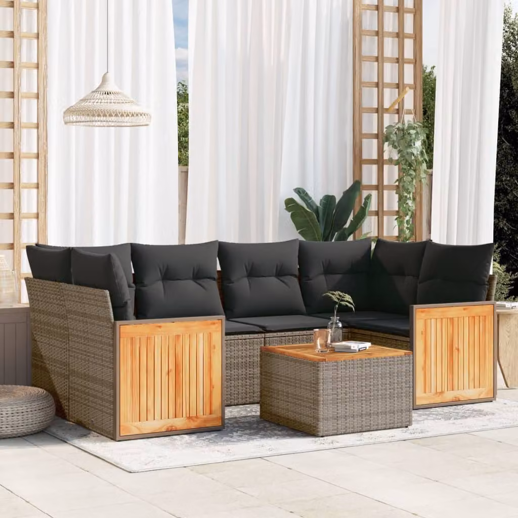 vidaXL Set di Divani da Giardino 7 Pezzi in Polyrattan Grigio con Cuscini e Tavolino – 1