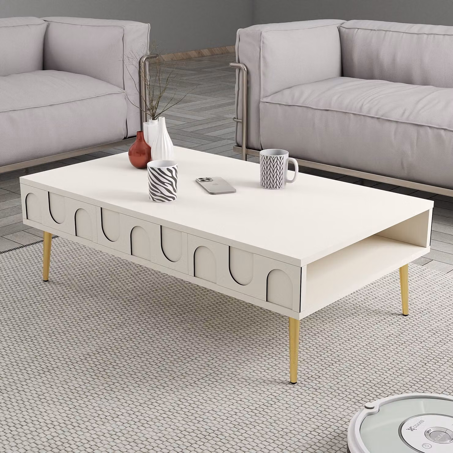 Skye Decor, Lione 33 - Crema, Oro, Tavolino, Crema, 100% PANNELLI DI PARTICELLE RIVESTITI IN MELAMMINA, 105 x 60 x 33,6 cm
