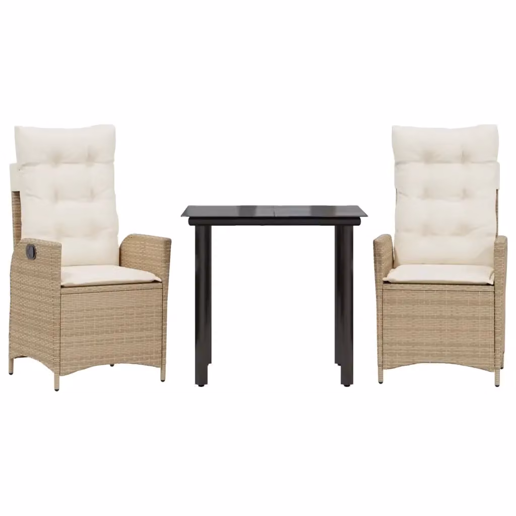 Set da Pranzo da Giardino 3 pz vidaXL in Polyrattan con Cuscini Beige e Tavolo in Vetro – 2