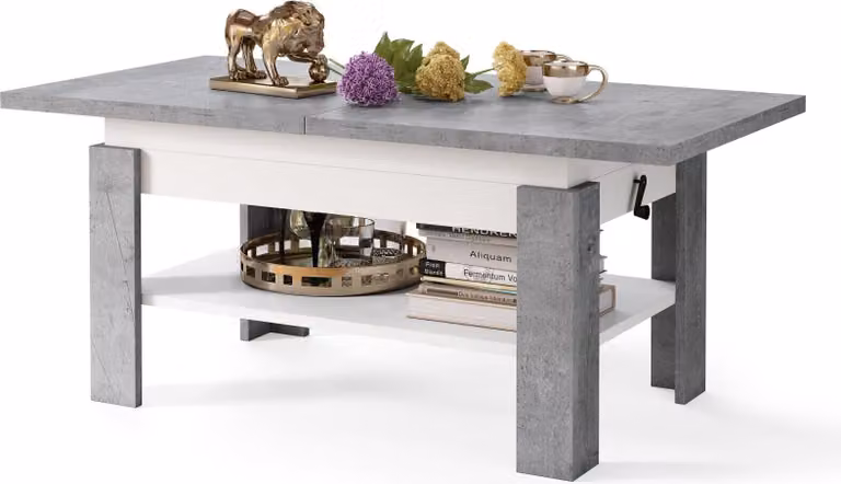Tavolino All4All Rino, tavolino da caffè, tavolino da salotto con ripiano, tavolino da divano, allungabile fino a 170 cm, regolabile in altezza, 130x65 cm, 05, cemento + bianco