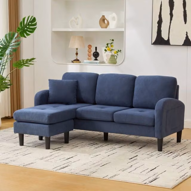 Divano Angolare con Chaise Longue 3 Posti ¨C MINIMAL ¨C Tessuto a Coste, Gambe in Plastica, 166x118x77 cm
