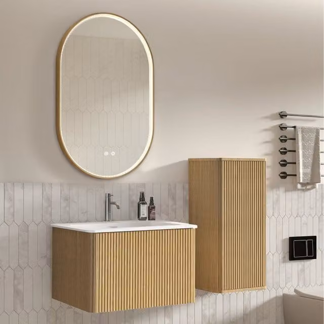 Set mobile bagno sospeso con lavabo, colonna laterale e specchio LED