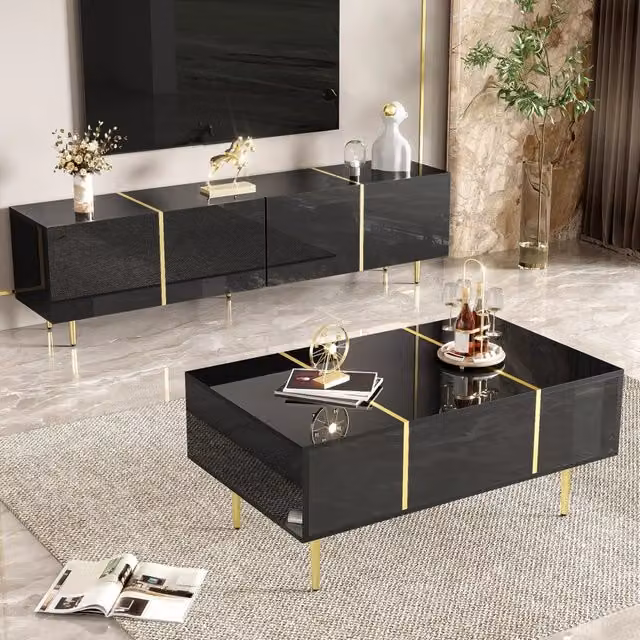 Set moderno TV e tavolino da salotto, finitura nero lucido