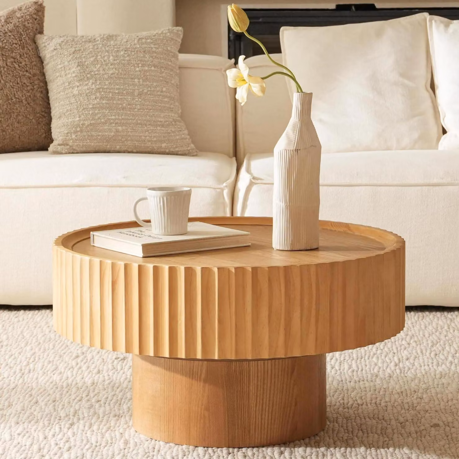 Tavolino da divano, forma a fungo, legno, colore naturale, diametro 70 x 38 cm