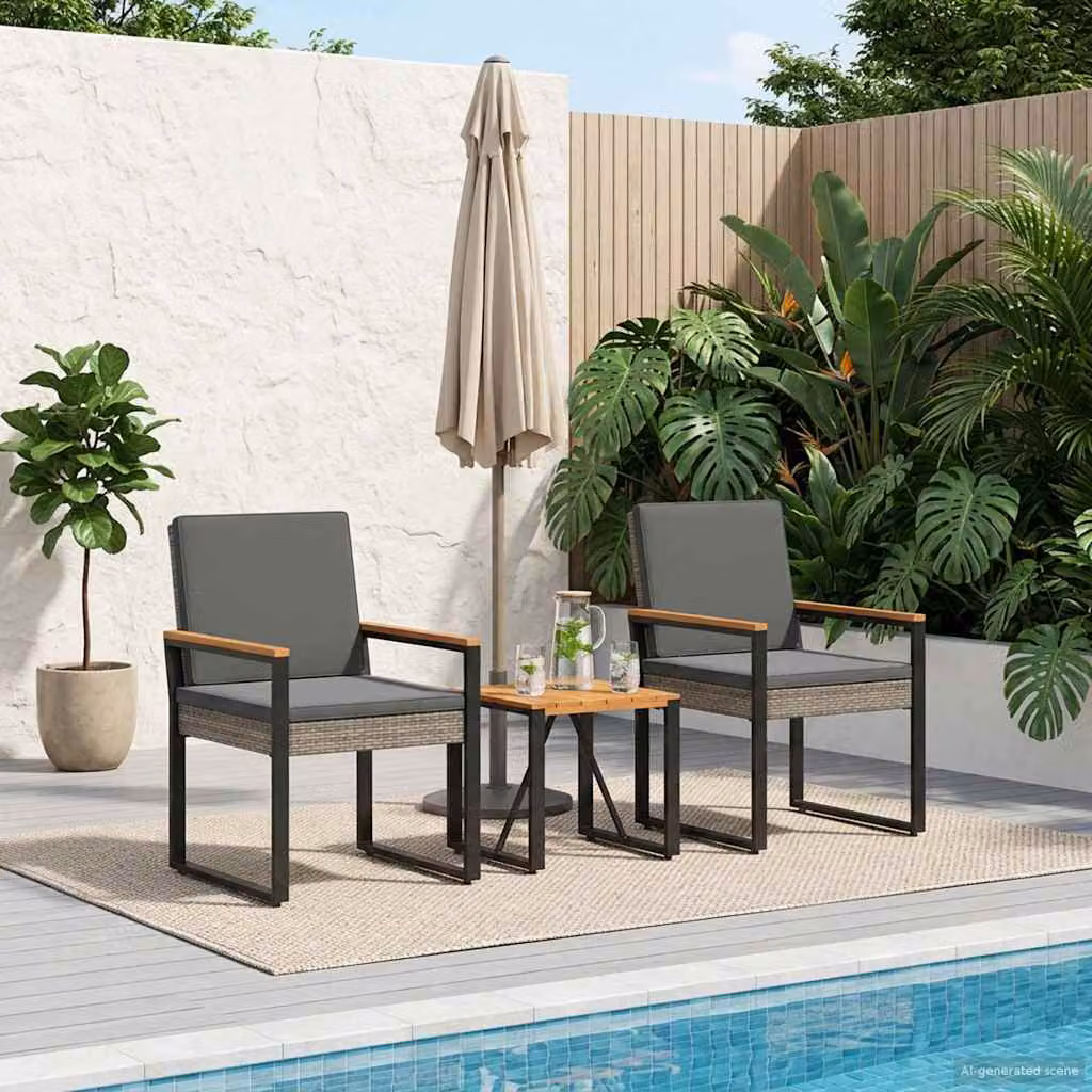 Set di mobili da esterno vidaXL in 3 pezzi in polyrattan e legno di acacia, colori grigio e antracite