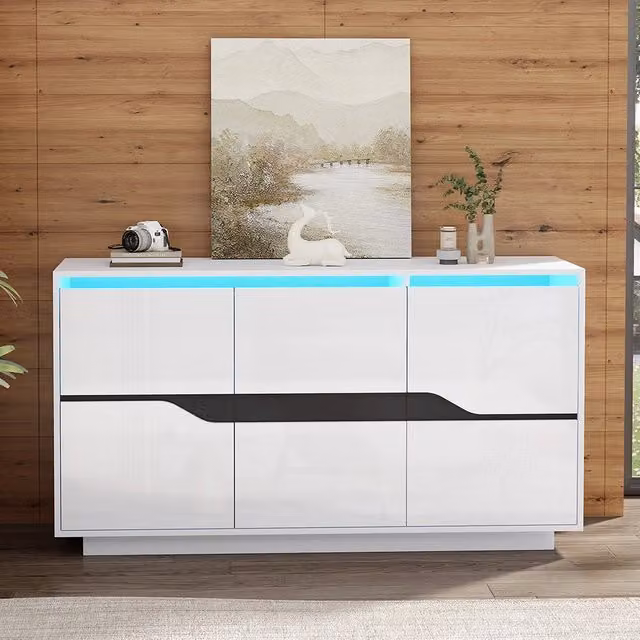 Credenza Soggiorno 140x40x76cm - Xylo - 3 Ante Lucide con LED, Bianco e Nero