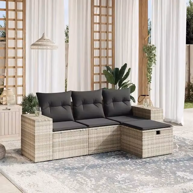 Set Divano da Giardino a L vidaXL in Polyrattan Grigio con Cuscini e Ottoman 4 Pezzi – 1