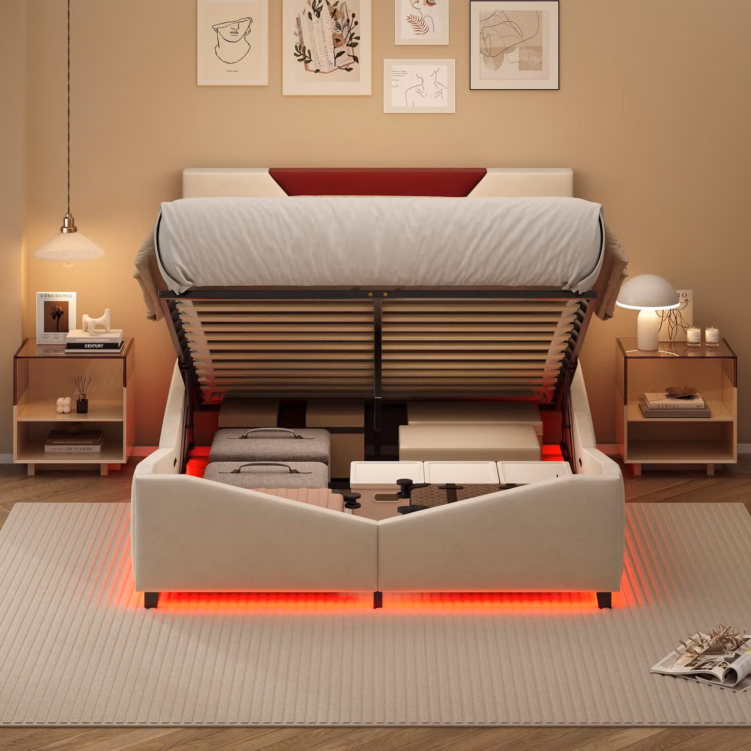 UnboxG Letto imbottito 140×190 cm Beige – Letto matrimoniale con sollevatore a gas, illuminazione a LED e ampio spazio di stivaggio sotto il letto, letto moderno in tessuto per camera da letto, salvaspazio, comodo e resistente