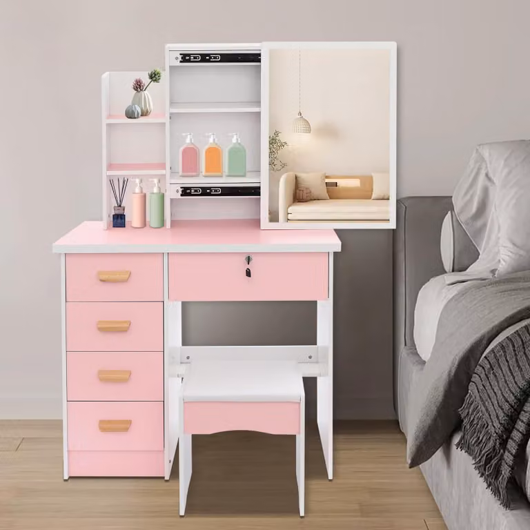 Comò da trucco con specchio e 5 cassetti - 80 x 35 x 128 cm