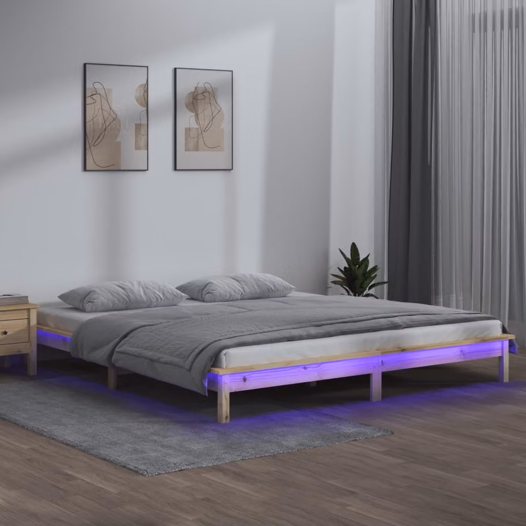 The Living Store Letto in legno massiccio con LED 150x200 cm