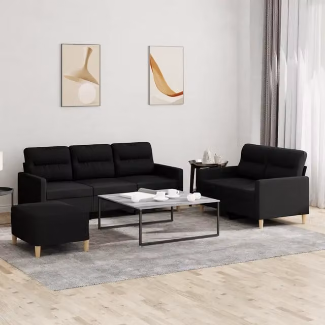 vidaXL Set di Divani Moderno in Tessuto Nero con Pouf e Cuscini per Soggiorno