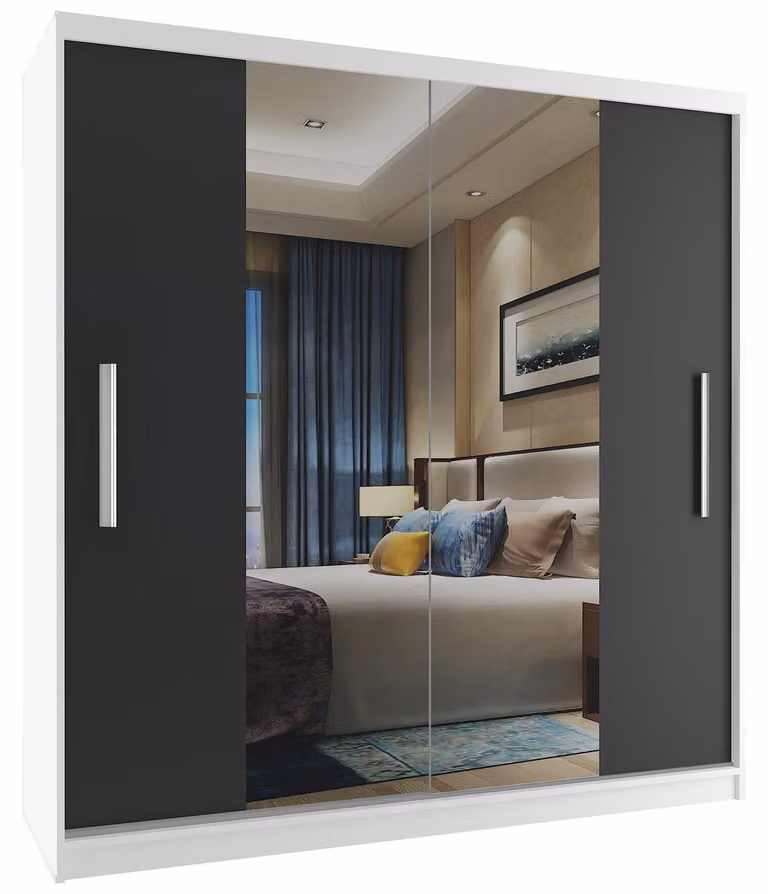 BELINI Verona, armadio scorrevole da 158 cm, bianco/nero opaco - armadio con specchio e 4 cassetti, ideale per la camera da letto